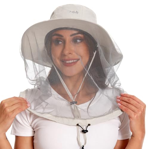 BASSDASH UPF 50+ Mosquito Sun Hat with Hidden Head Net and Neck Flap for Men Women Outdoor Fishing Hiking Camping - color: Beige