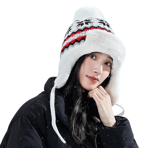 IPENNY Women's Winter Faux Fur Lined Trapper Hat, Warm Knitted Beanie with Pom Pom & Earflaps, Warm Ski Cap for Cold Weather - color: White