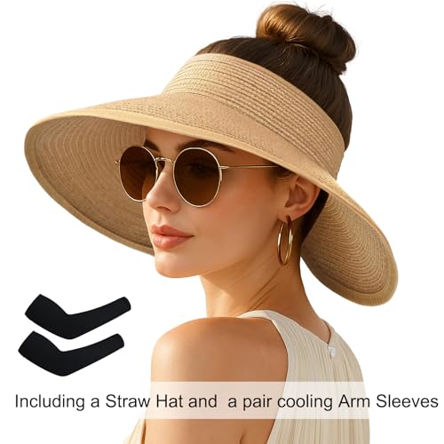 Women's Sun Visor Hats Wide Brim Straw Beach Hat Ponytail Hats for Women Foldable Floppy - color: 1pack-khaki-coolingsleeves