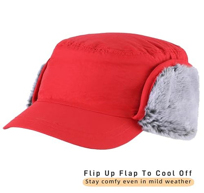 Connectyle Men's Winter Hat with Visor Warm Earflaps Hat Fully Lined Faux Fur Baseball Cap Trapper Hunting Hats - color: Red