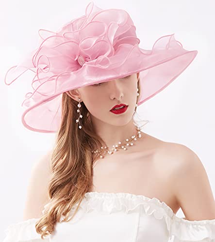Women Derby Fascinator Hat Organza Church Wedding Hats Wide Brim Cocktail Tea Party Hat - color: 14 Pink