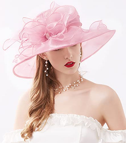 Women Derby Fascinator Hat Organza Church Wedding Hats Wide Brim Cocktail Tea Party Hat - color: 14 Pink