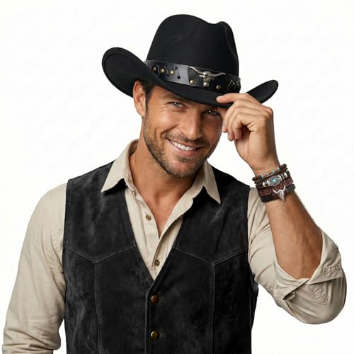 BELTROAD Cowboy Hat for Men Women, Western Cowboy Hats with Gift Hat Box - color: Black(longhorn Bull), size: Medium