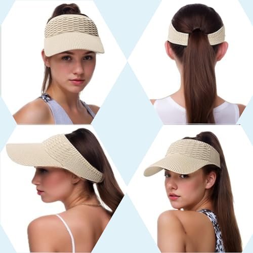 Sun Visor Hats, Wide Brim Sun Hats with UV Protection, Knitted Running Visors for Women - Ponytail Friendly, Quick Drying - color: Beige