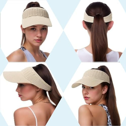 Sun Visor Hats, Wide Brim Sun Hats with UV Protection, Knitted Running Visors for Women - Ponytail Friendly, Quick Drying - color: Beige
