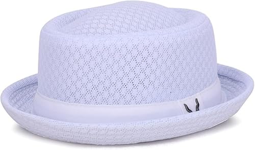 Summer Mesh Pork Pie Hat Trilby Fedora Hat for Men Women Roll-Brim Travel Beach Sun Hat Vintage Bowler Derby Cap UPF 50+ - color: White