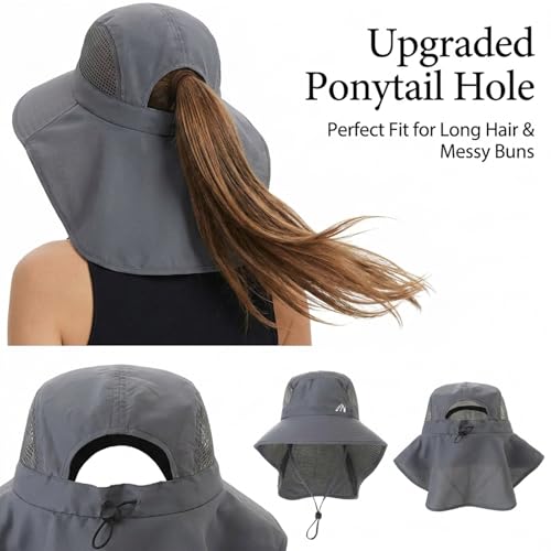 UV Sun Protection Hat Women Foldable Neck Flap Wide Brim Fishing Hat with Ponytail Hole for Women - color: Dark-gray