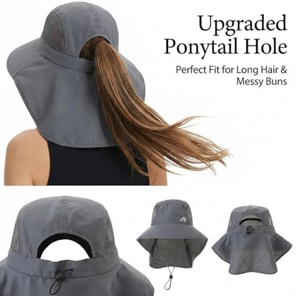UV Sun Protection Hat Women Foldable Neck Flap Wide Brim Fishing Hat with Ponytail Hole for Women - color: Dark-gray