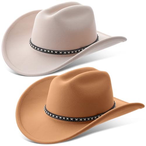 Chicingyou 2 Pcs Western Cowboy Hats for Women and Men Classic Wide Brim Felt Hats for Cowboys and Cowgirls Accessories - color: Camel, Creamy White