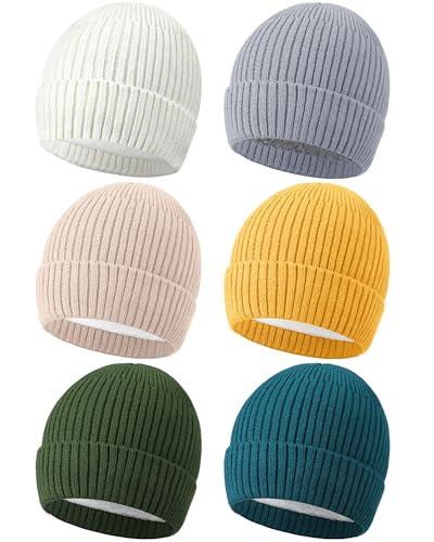 Suhine 6 Pcs Fleece Lined Beanie Hats Bulk Men Women Warm Knitted Cuffed Beanie Thick Knit Skull Cap for Cold Weather - color: Warm Color