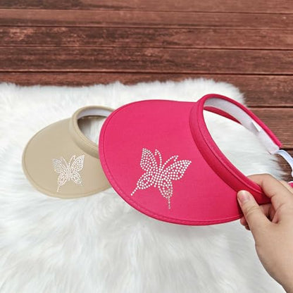 2 Pack Sun Visors Women Wide Brim Clip on Summer Hats Adjustable UV Protection - color: Butterfly-khaki,rose Red