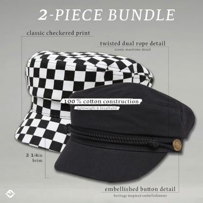 Funky Junque Greek Fisherman Newsboy Cap, Cotton Captains Bakerboy Hat - color: 2 Pack - Checker - White/Black & Solid Black