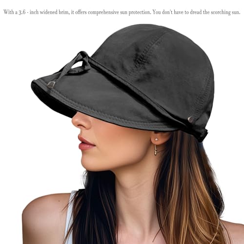 Womens Sun Hat Wide Brim UPF 50+ UV Protection Foldable Packable Sun Shield Hat for Women, Ponytail Outdoor Fishing Hat - color: Upgraded Black