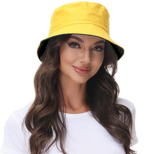 Women Reversible Bucket Hat, Summer Sun Hat for Women - color: Black- Yellow