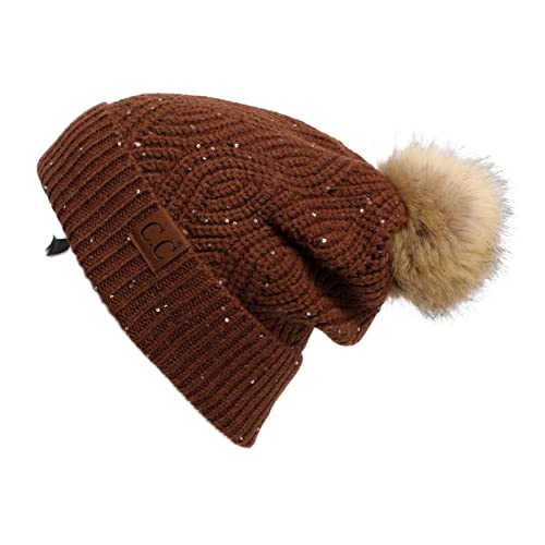 C.C Hatsandscarf Exclusives Unisex Solid Ribbed Beanie with Pom (HAT-43) - color: A Brioche Cable Pattern-coffee