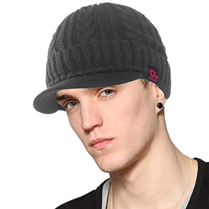 Winter Visor Beanie Brimmed Baseball Cap Fleece Lined Cable Knitted Billed Hat - color: Grey