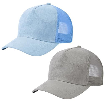 Suede Curved Brim Trucker Cap Adjustable Snapback Hat Mesh Back Breathable for Men Women 2 Pack SH03 - color: Pack of 2, Light Grey & Light Blue