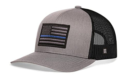 HAKA American Flag Hat | USA Mesh Trucker Snapback Comfort Baseball Cap - color: Gray & Black, style: Thin Blue Line (Grey Stripes)