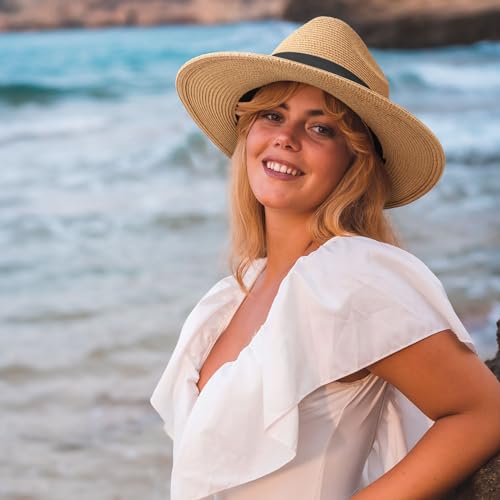 DRESHOW Women Straw Panama Hat Travel Fedora Beach Sun Hat Summer Wide Brim Straw Roll up Hat UPF 50+ - color: 1 Pack Straw Hat: Khaki (+ 2 Replaceable Ribbon Bands)