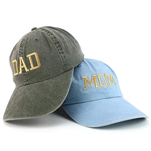 Trendy Apparel Shop Capital Gold Thread Mom and Dad Pigment Dyed 2 Pc Cap Set - color: Light Blue Olive