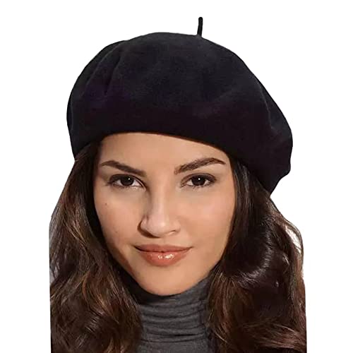 Gllutt Women Wool Beret Hat French Style Solid Color - color: Black