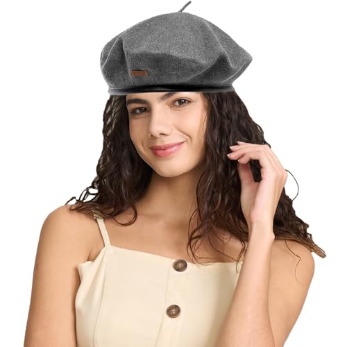 Cotton French Beret Hat for Men Women, Military Style Beret Cap with Leather Label & Drawstring, Casual Beanie - color: Grey