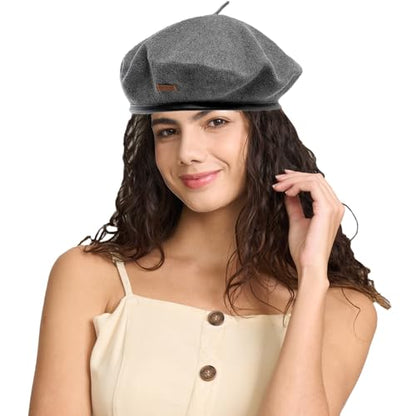 Cotton French Beret Hat for Men Women, Military Style Beret Cap with Leather Label & Drawstring, Casual Beanie - color: Grey