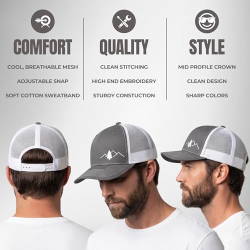 LINDO Trucker Hat [ Great Outdoors Design ] for Men and Women: Mid Profile Cap with Breathable Mesh Back and Adjustable Snap - color: Gray/White