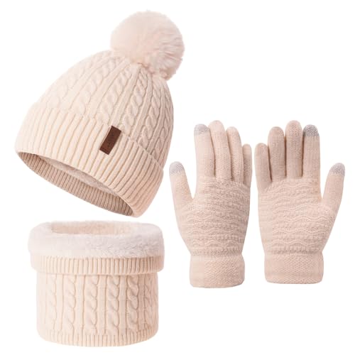 3Pcs Winter Women Beanie Hat Scarf and Touch Screen Gloves Sets Girls Classic Knit Warm Chunky Fleece Lined Cable Cap - color: Beige