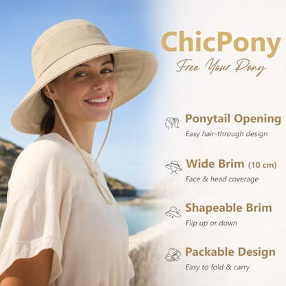 TOP-EX ChicPony Women's UPF 50+ Cotton Linen Wide Brim Sun Hat - color: Khaki, size: Medium