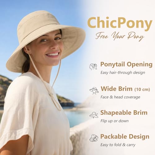 TOP-EX ChicPony Women's UPF 50+ Cotton Linen Wide Brim Sun Hat - color: Khaki, size: Large