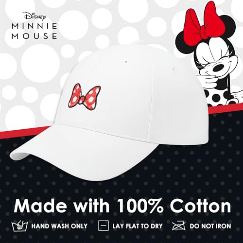 Disney Minnie Mouse Dad Hat, Cotton Adjustable Baseball Cap with Curved Brim - color: White/Red Bow