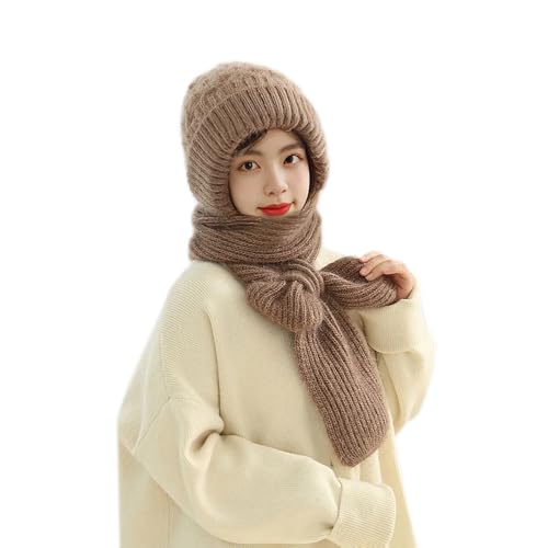 Women Winter Warm Elastic Soft Ear Protection Knitted Scarf Hat Fleece Lined Beanie Hat - color: Khaki