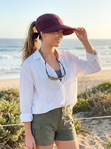 2-in-1 Women’s Sun Visor Sun Hat Zipper Off Ponytail Friendly, Lightweight Quick Dry, Summer UV Protection - color: Burgundy