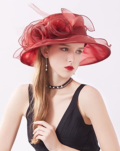 Women Derby Fascinator Hat Organza Church Wedding Hats Wide Brim Cocktail Tea Party Hat - color: 12 Burgundy
