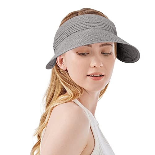 Women Summer Sun Hat Lady's Portable Beach Visor Bowknot Straw Hat - color: Grey 6