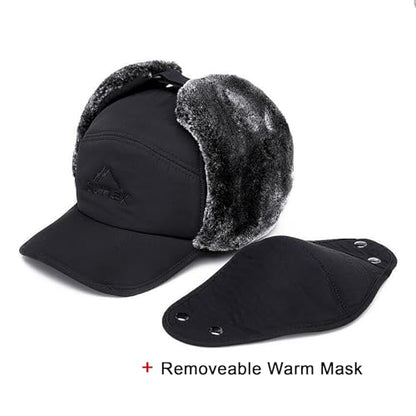 Winter 3 in 1 Thermal Fur Lined Trapper Hat with Ear Flap Full Face Warmer Cover Windproof Cycling Motorcycle Headwear - color: Black
