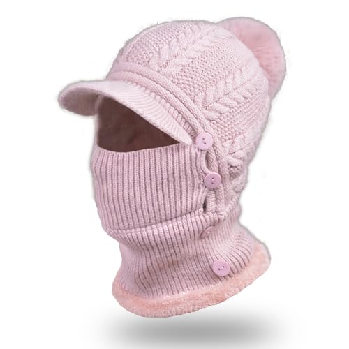 HUAMULAN Women Cable Knit Balaclavas Winter Fleece Lined Beanie Hat - color: Pink With Pompom