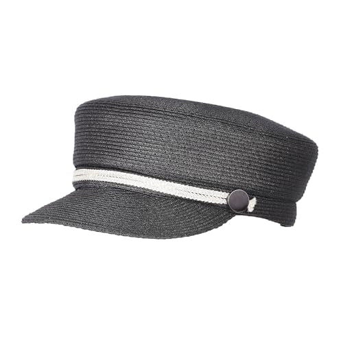 Women's Polyester Straw Newsboy Cap, Gatsby Ivy Style Visor Beach Hat, Adjustable - color: Black