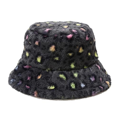 Dirholl Women's Winter Faux Fur Fuzzy Warm Bucket Hat - color: Colorful Leopard Gray