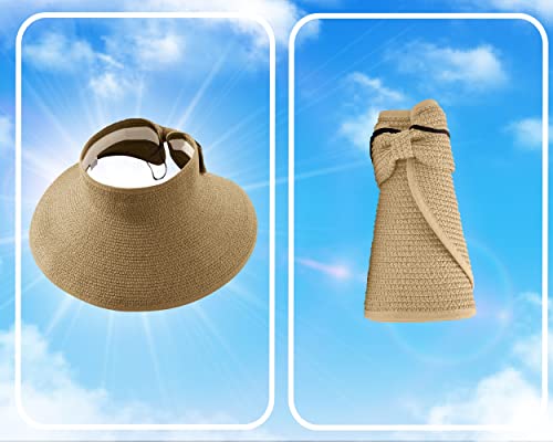 Straw Sun Visor for Women, Wide Brim UPF 50+ Protection Beach Hat, Adjustable, Roll Up Foldable Ponytail Cap with Chin Strap - color: Beige