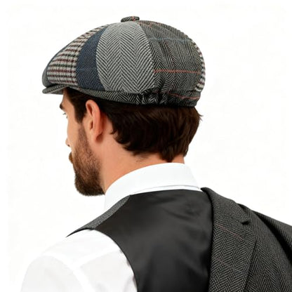 Men's Faux Woolen Tweed Plaid Ivy Cabbie Gatsby Newsboy Golf Paperboy Hat Cap - color: 878grey