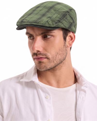 ZLYC Men Summer Flat Cap Scally Ivy Gatsby Newsboy Beret Driver Hat - color: Plaid Green