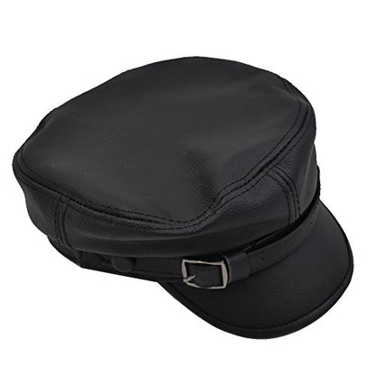 Adult Genuine Leather Fiddler Cap Flat Top Maciejówka Breton Style Mariner's Cap - color: Black, size: Medium