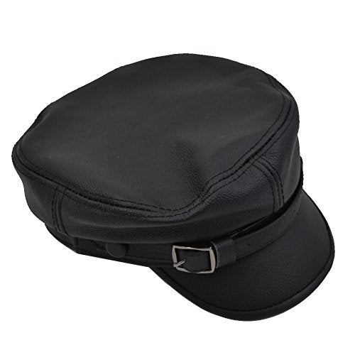 Adult Genuine Leather Fiddler Cap Flat Top Maciejówka Breton Style Mariner's Cap - color: Black, size: Large