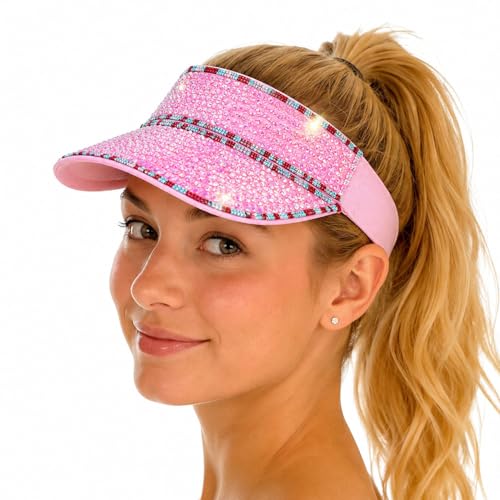 Shiny Women's Bling Rhinestone Visor Sun Protection for Tennis Golf Beach - color: Pinkabcolorf