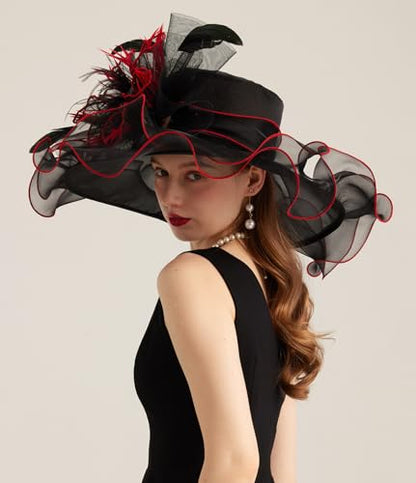 Women Derby Church Hat Organza Flower Wedding Tea Party Fascinator Wide Brim Sun Hat - color: 10-black Red