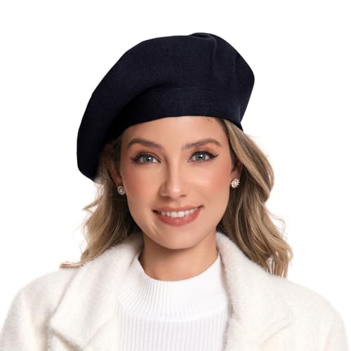 Women's Knitted Beret, French Style Double Layer Winter Autumn Warm and Soft Beanie Hat Cap - color: Black