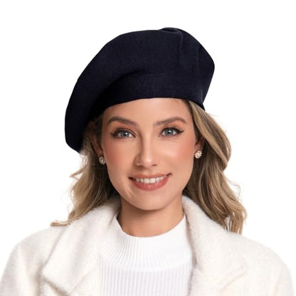 Women's Knitted Beret, French Style Double Layer Winter Autumn Warm and Soft Beanie Hat Cap - color: Black
