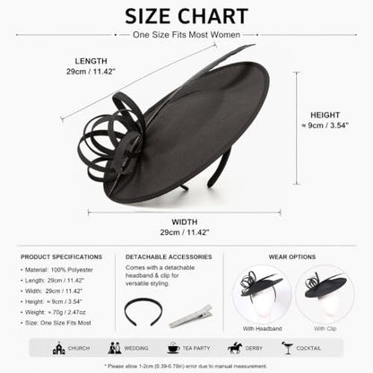 Women's Fascinators Feather Polyester Kentucky Derby Saucer Hats with Headband - color: Black
